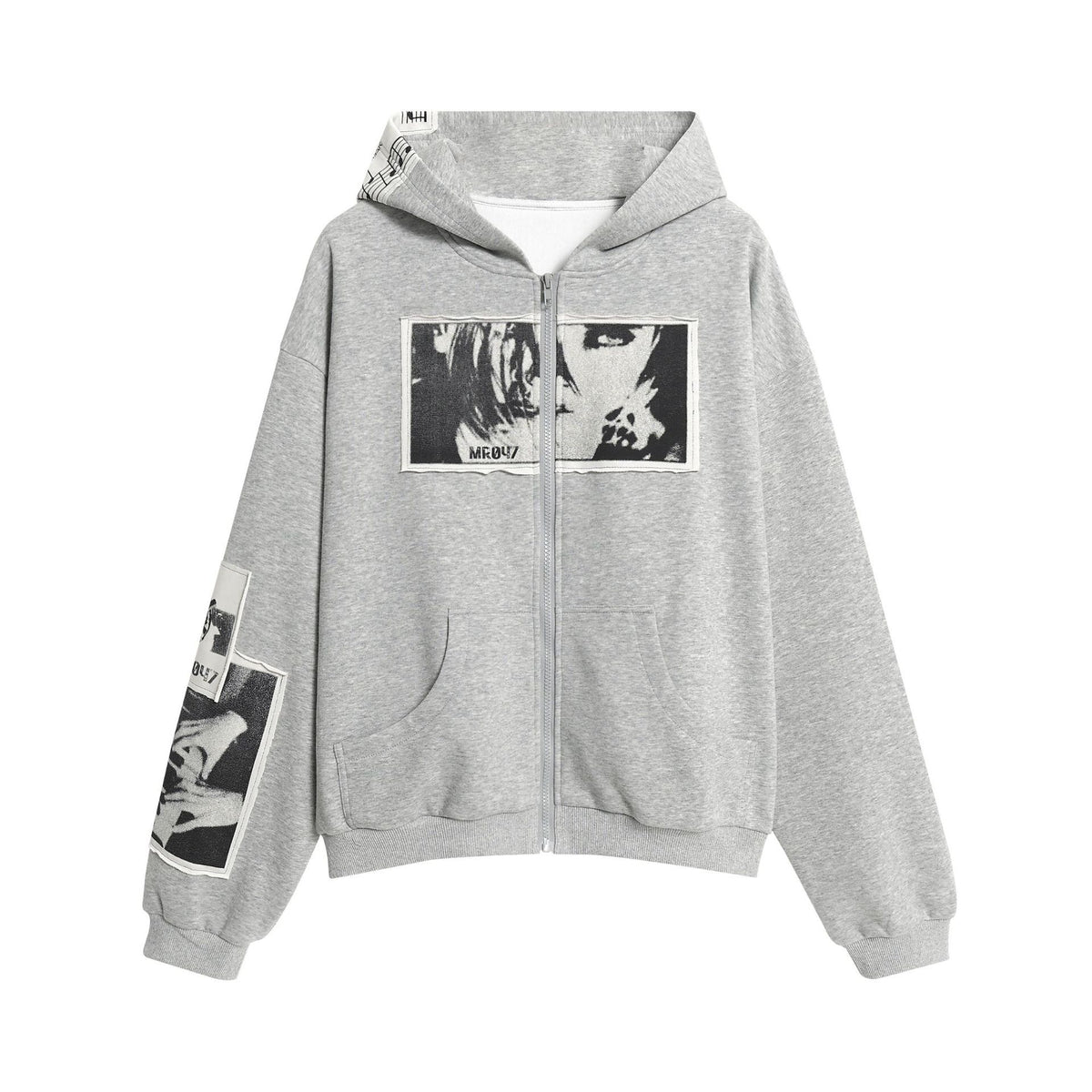 Retro Portrait Print Patch Hooded Zip-Up