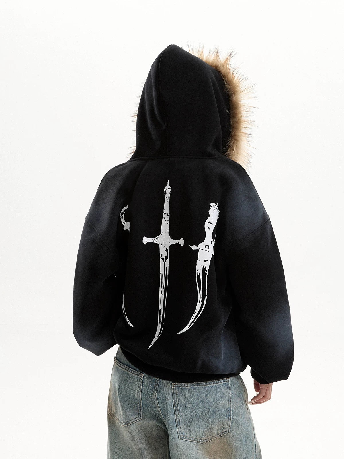 Retro Distressed Fur Collar Hooded Sweatshirt Zipper Jacket