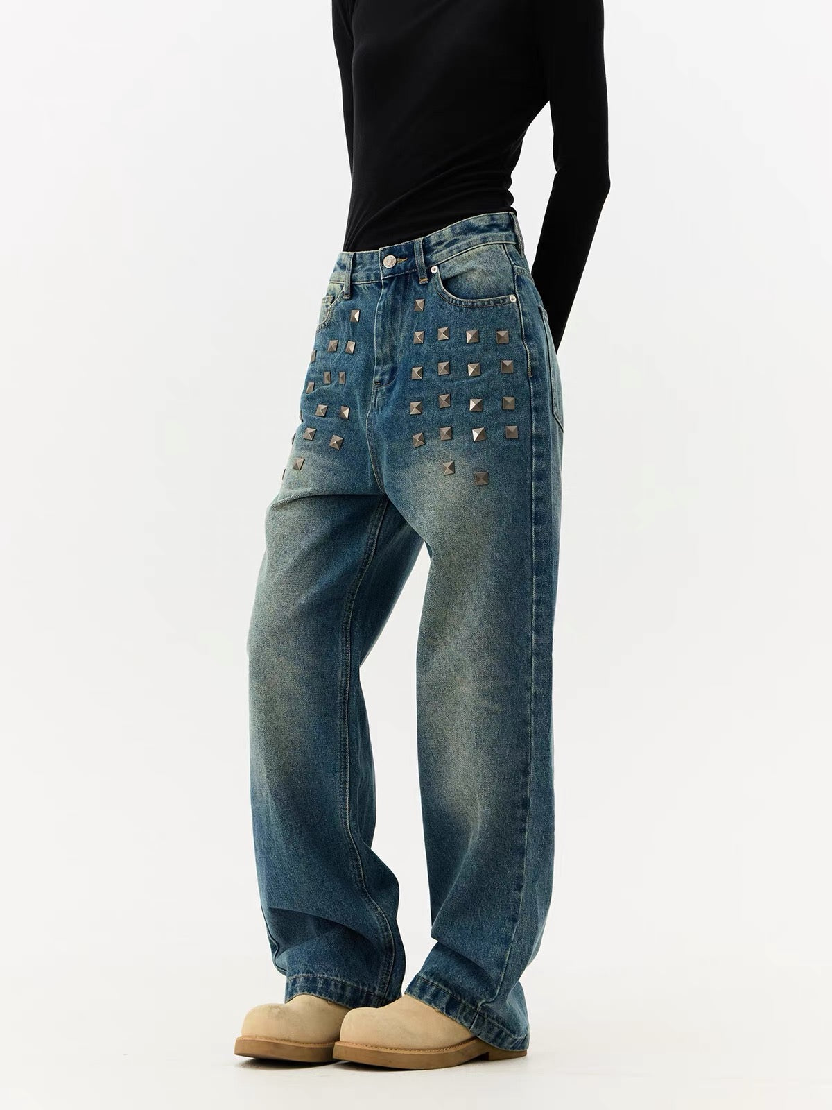 HABON Heavy Rivet Wide-Leg Jeans