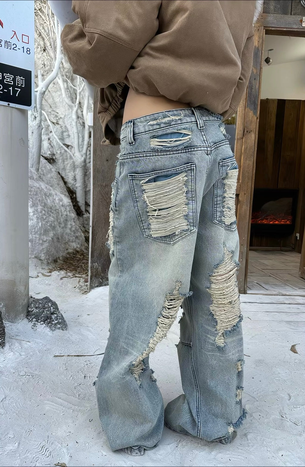 HABON Heavily Distressed Washed Wide-Leg Jeans