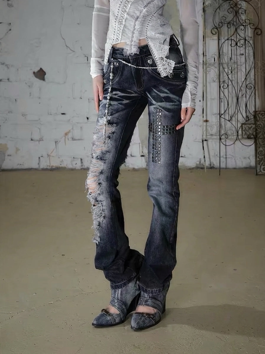 [Pre-order] Rhinestone Distressed Straight-Leg