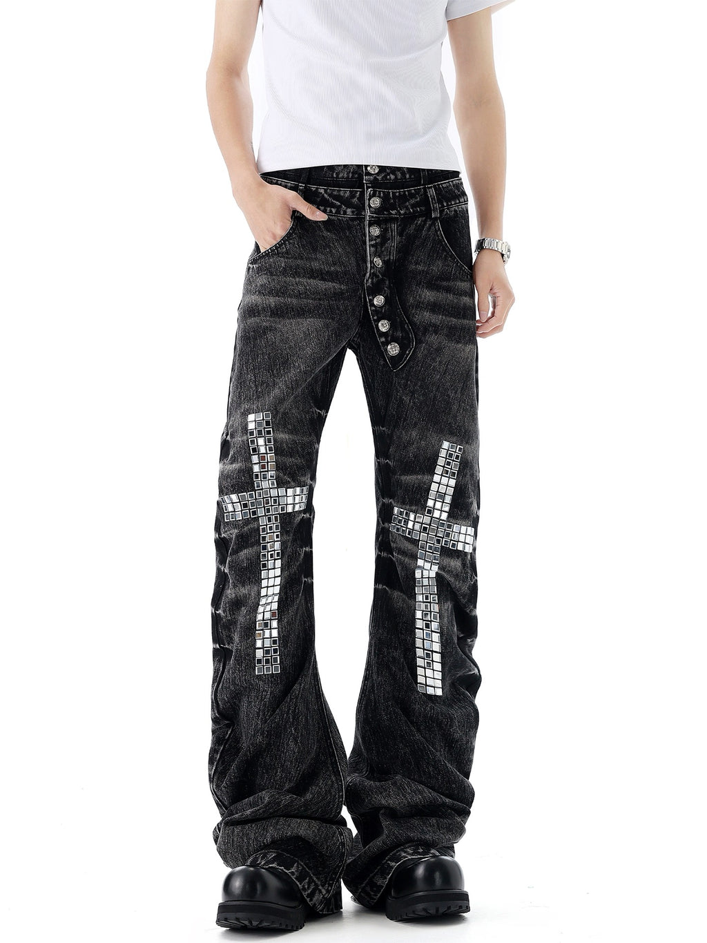 HABON Cross Rhinestone Double-Waist Slim Jeans