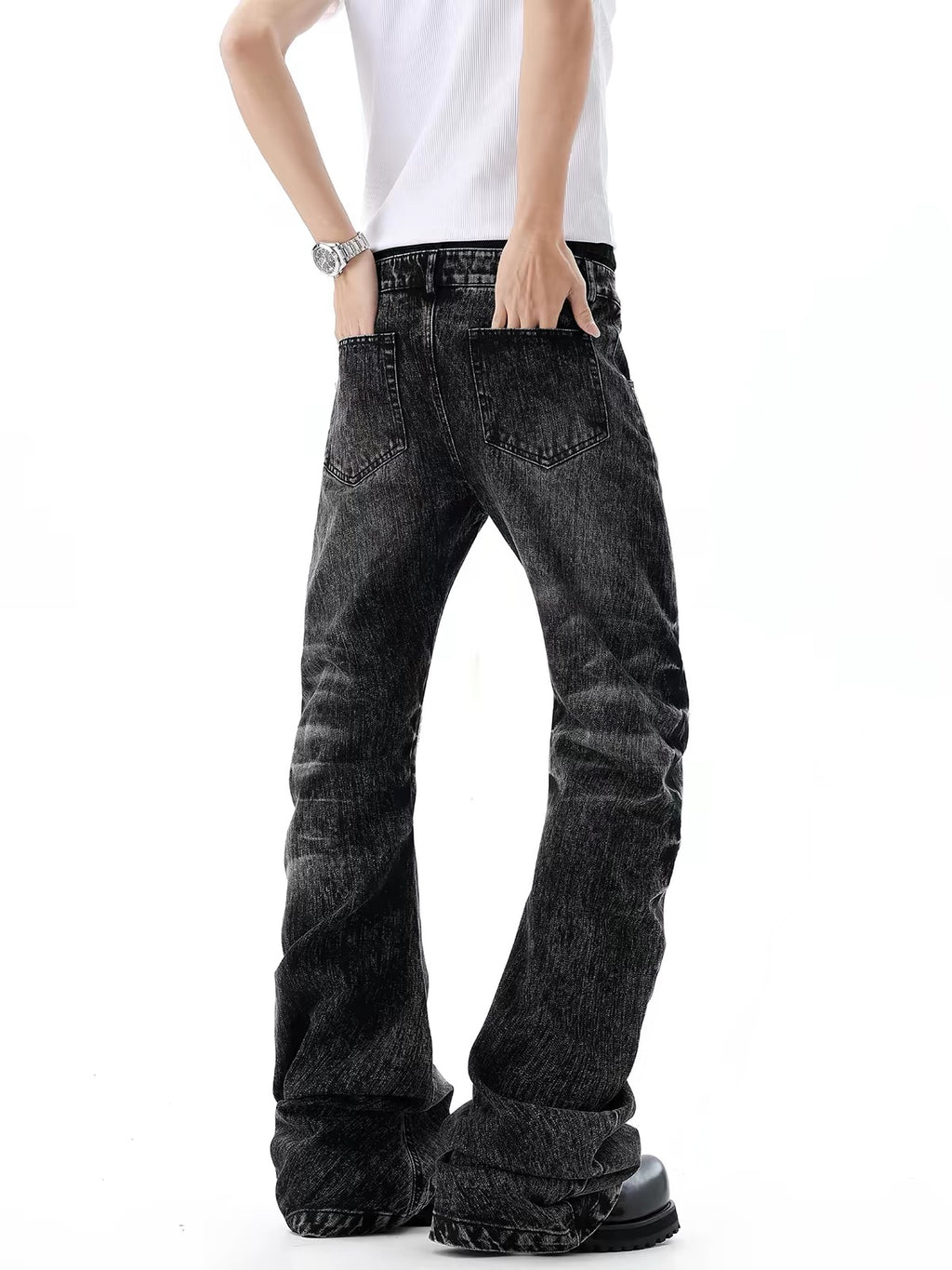 HABON Cross Rhinestone Double-Waist Slim Jeans
