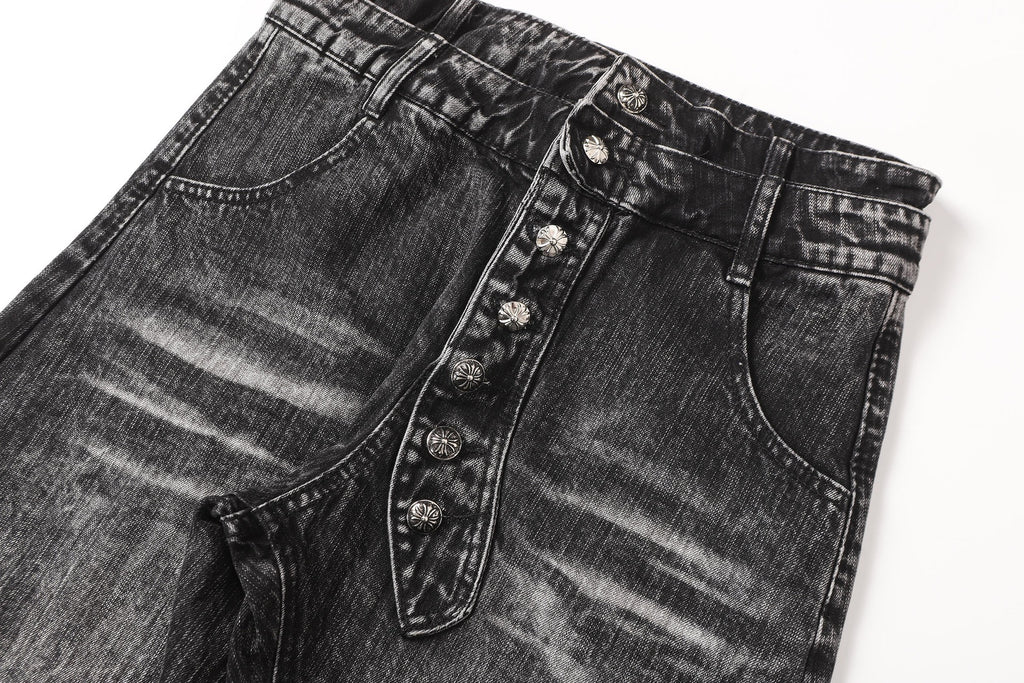 HABON Cross Rhinestone Double-Waist Slim Jeans