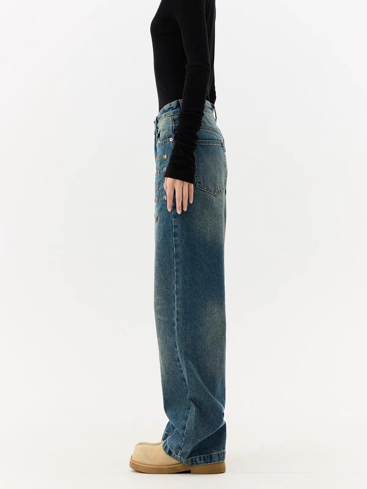 HABON Heavy Rivet Wide-Leg Jeans