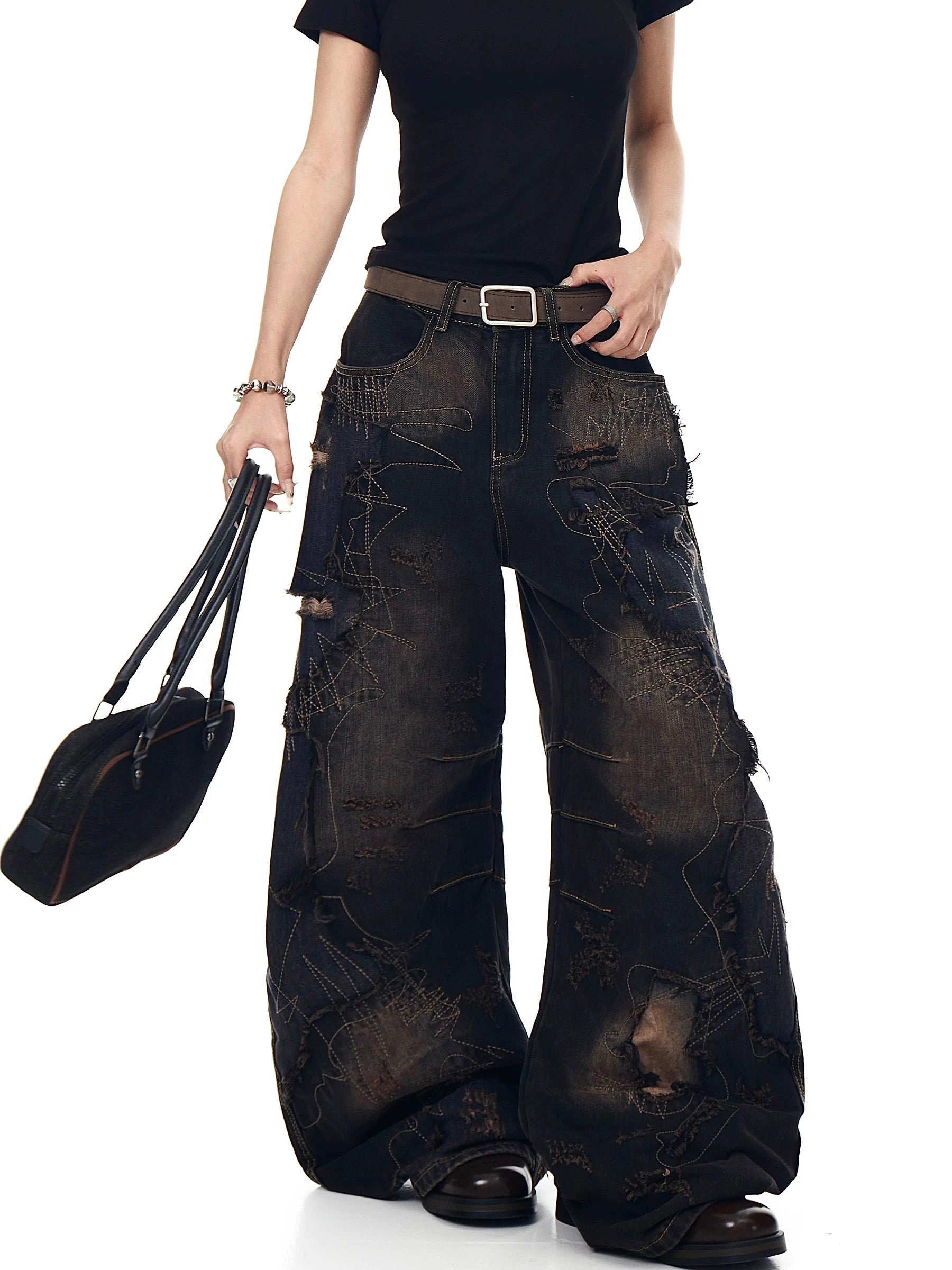 Heavy Industry Patch Washed Old Raw Edge Deconstructed Scimitar Jeans