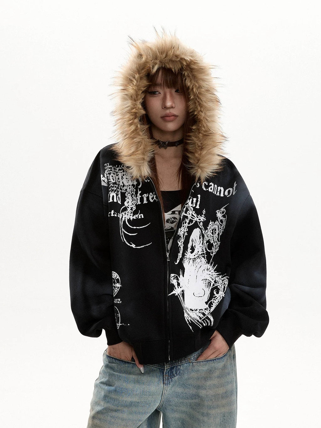 Retro Distressed Fur Collar Hooded Sweatshirt Zipper Jacket