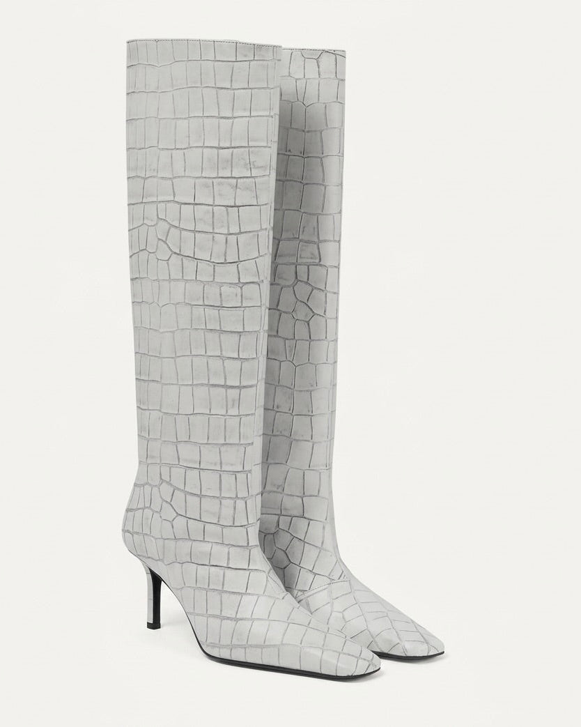 Croc-Effect High Knee Leather Boots