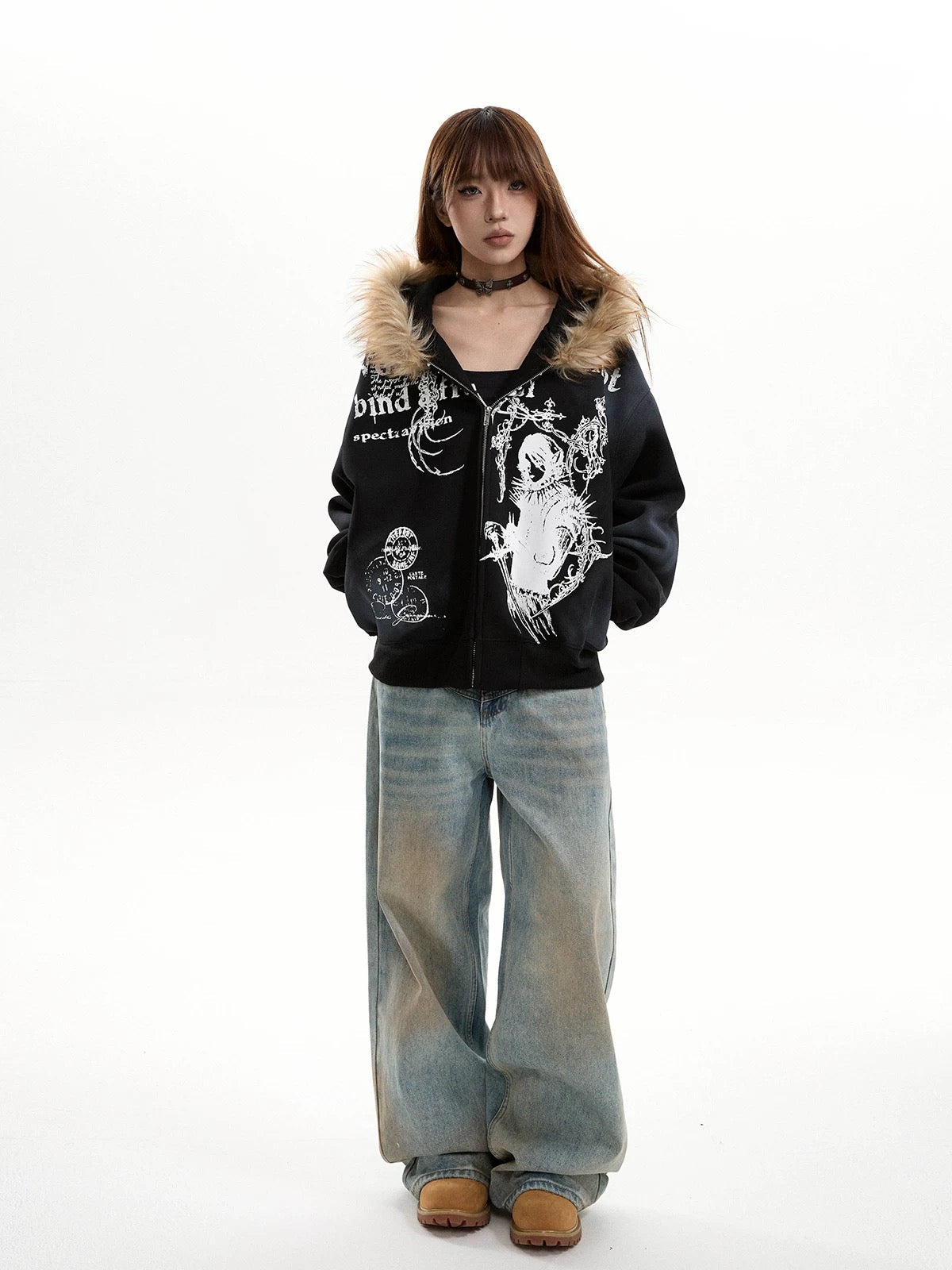 Retro Distressed Fur Collar Hooded Sweatshirt Zipper Jacket