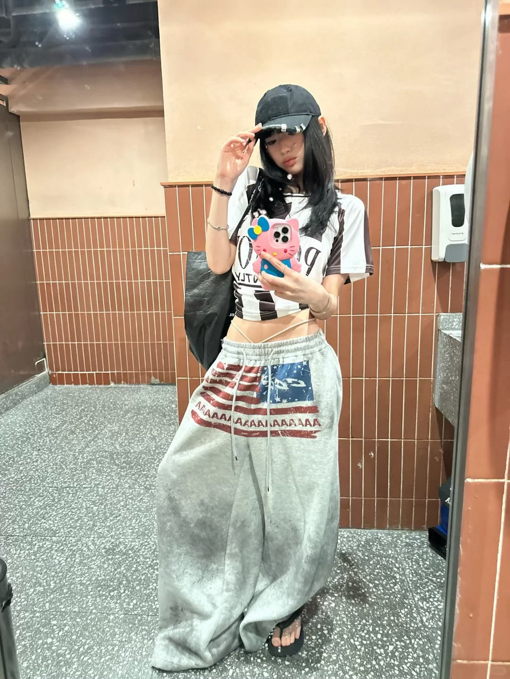 American Flag Logo Print Drawstring Sweatpants