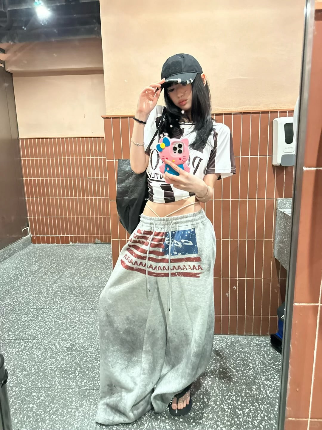 American Flag Logo Print Drawstring Sweatpants