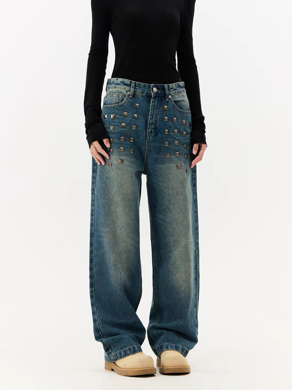 HABON Heavy Rivet Wide-Leg Jeans