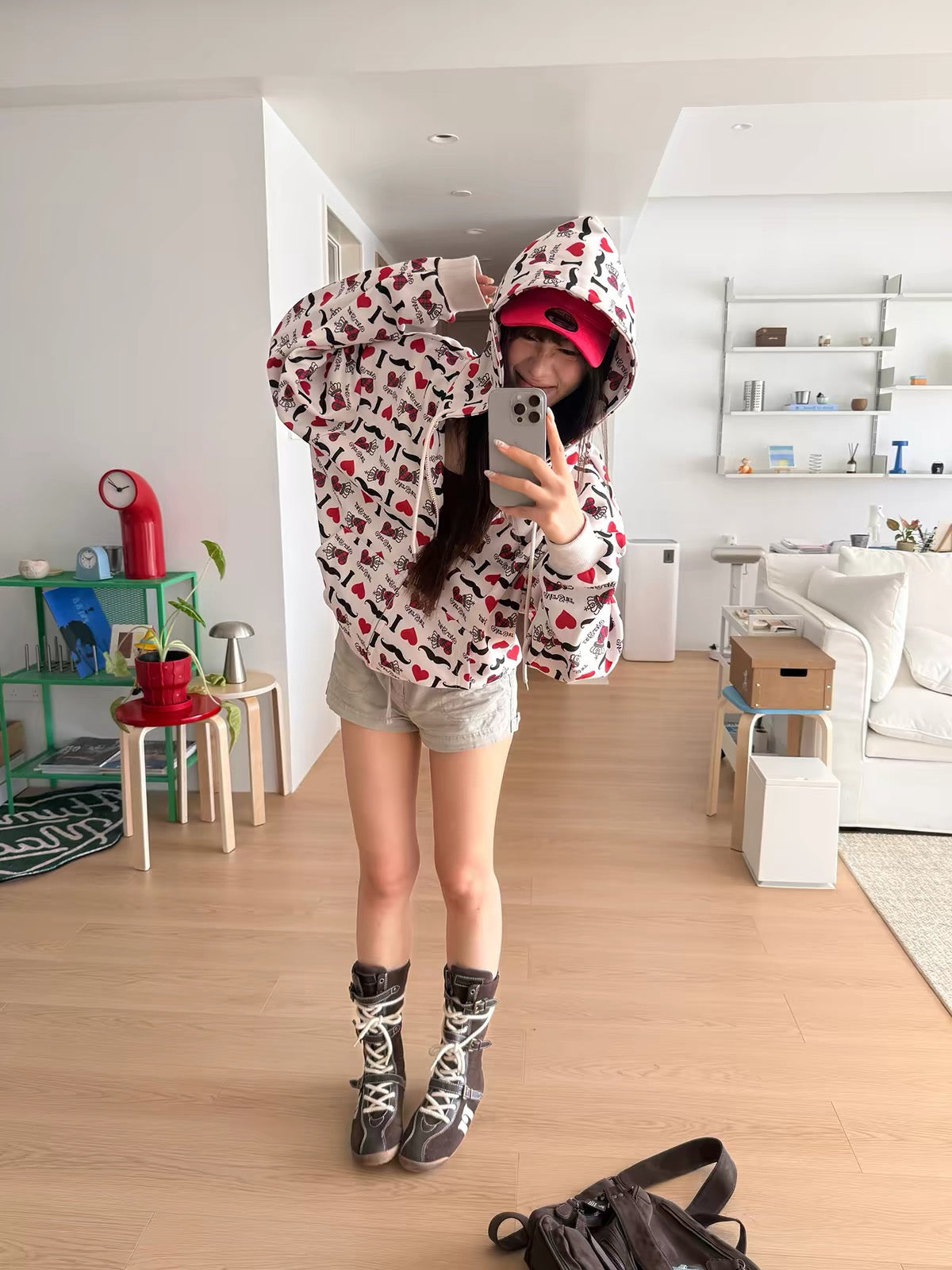 HABON “I LOVE” Heart Print Zip-Up Hoodie