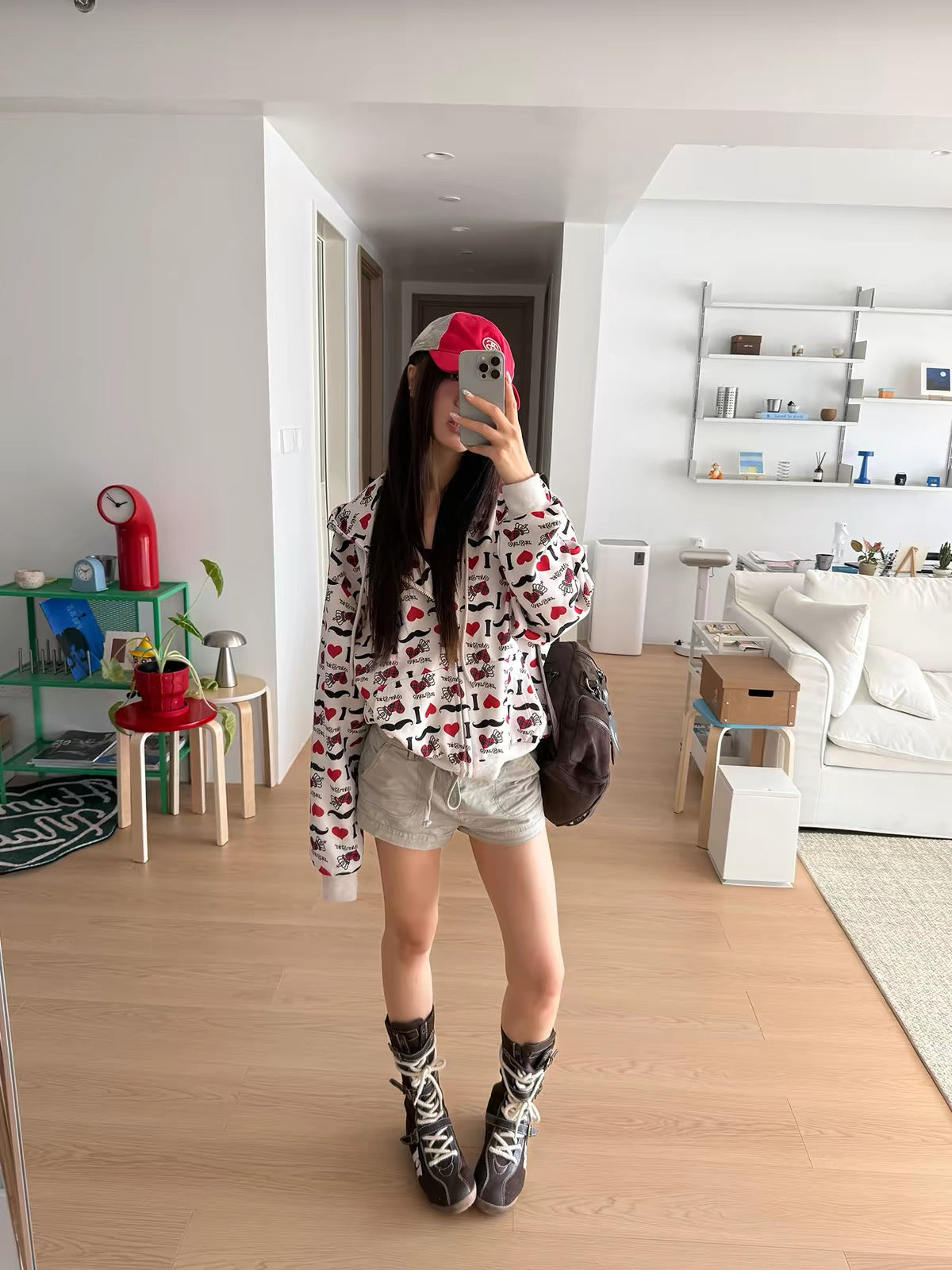 HABON “I LOVE” Heart Print Zip-Up Hoodie