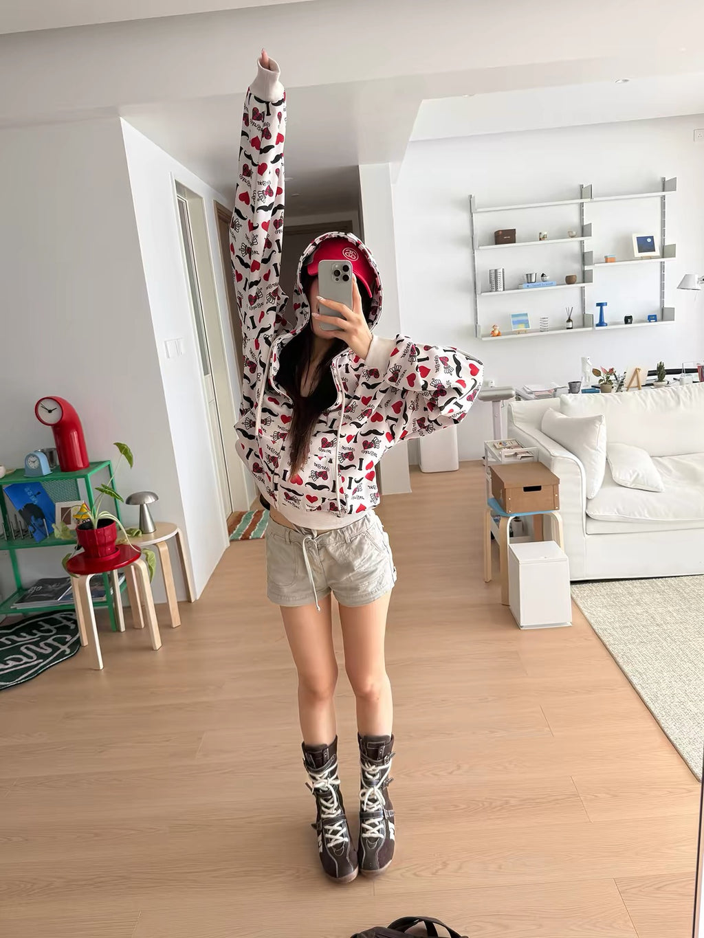 HABON “I LOVE” Heart Print Zip-Up Hoodie