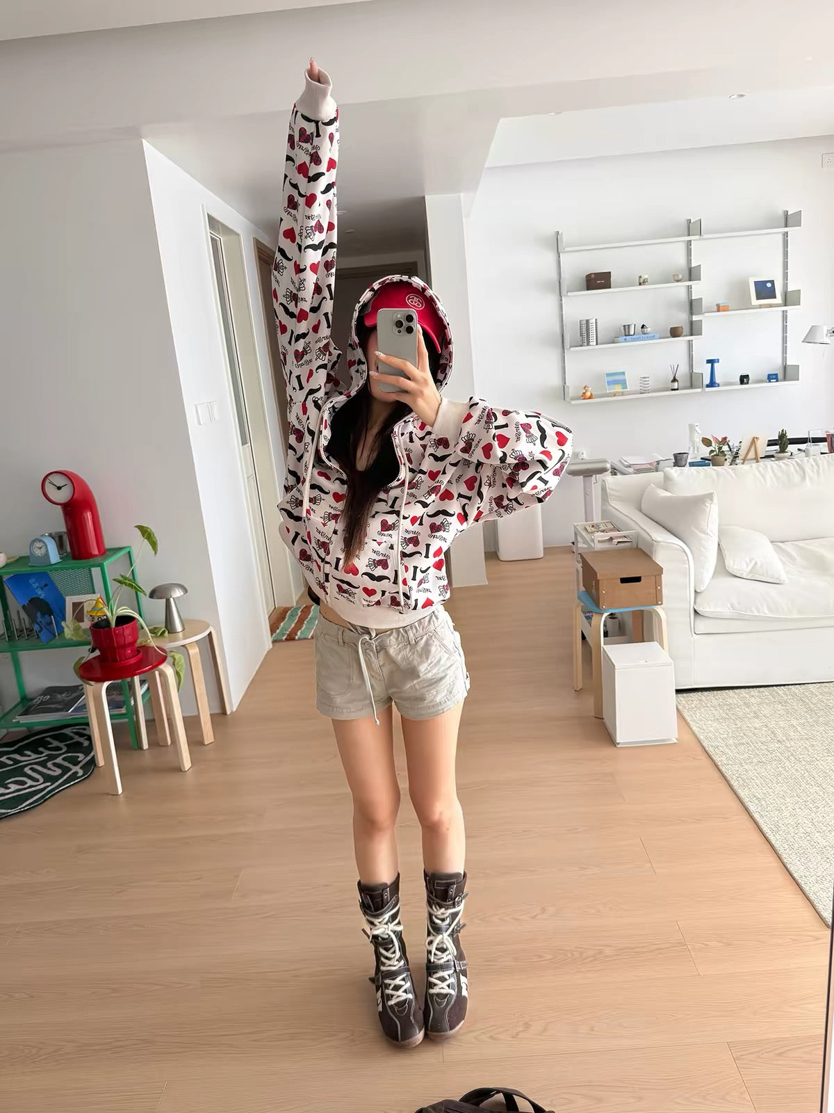 HABON “I LOVE” Heart Print Zip-Up Hoodie