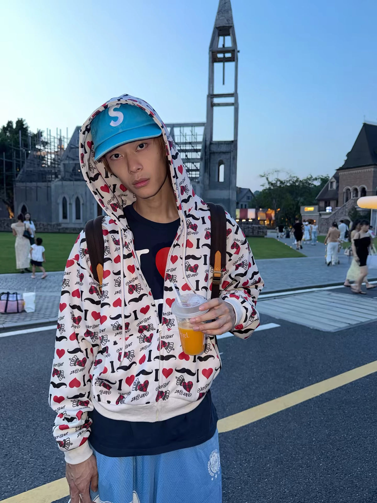 HABON “I LOVE” Heart Print Zip-Up Hoodie
