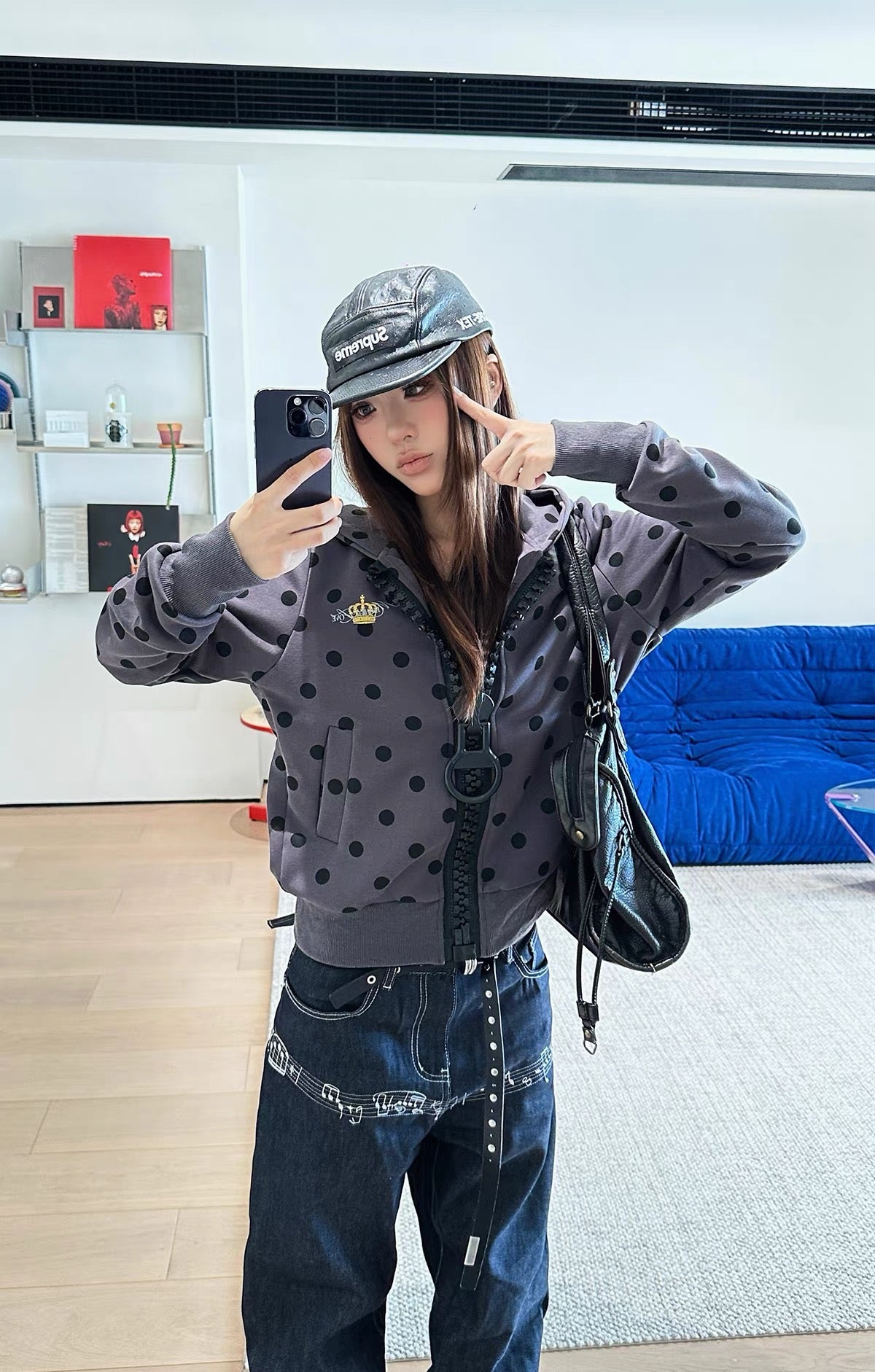 HABON Oversized Zipper Polka Dot Hoodie