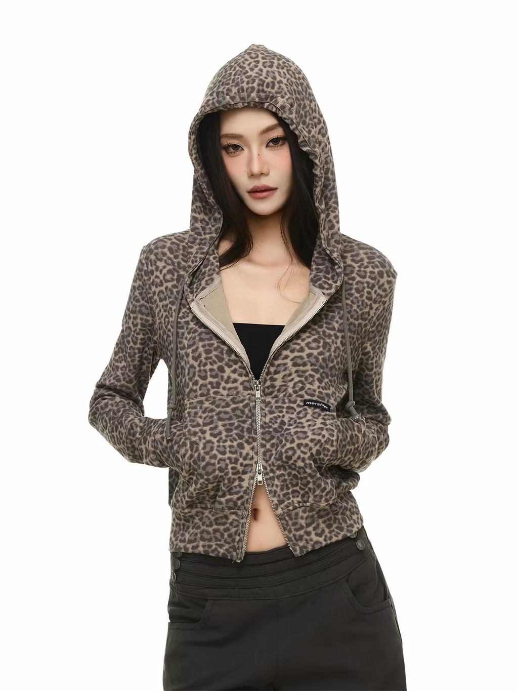 HABON Leopard Cropped Zip-Up Hoodie