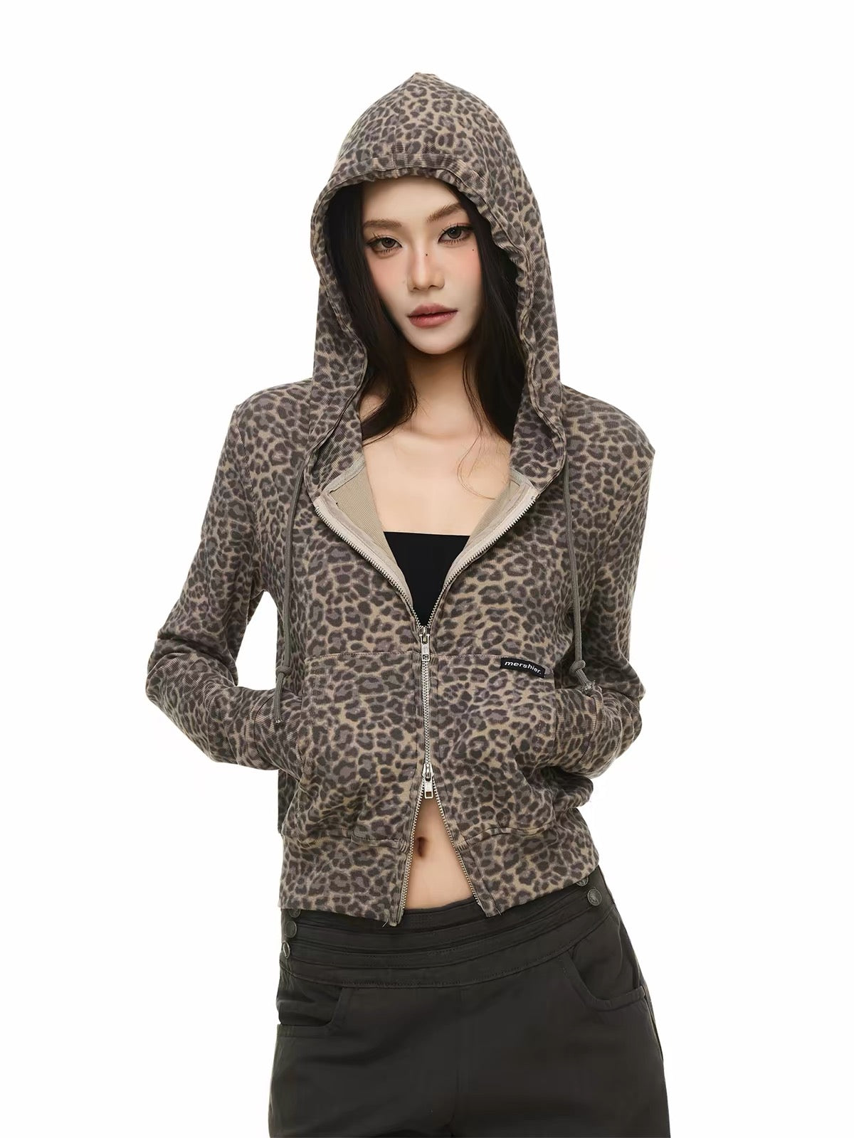 HABON Leopard Cropped Zip-Up Hoodie