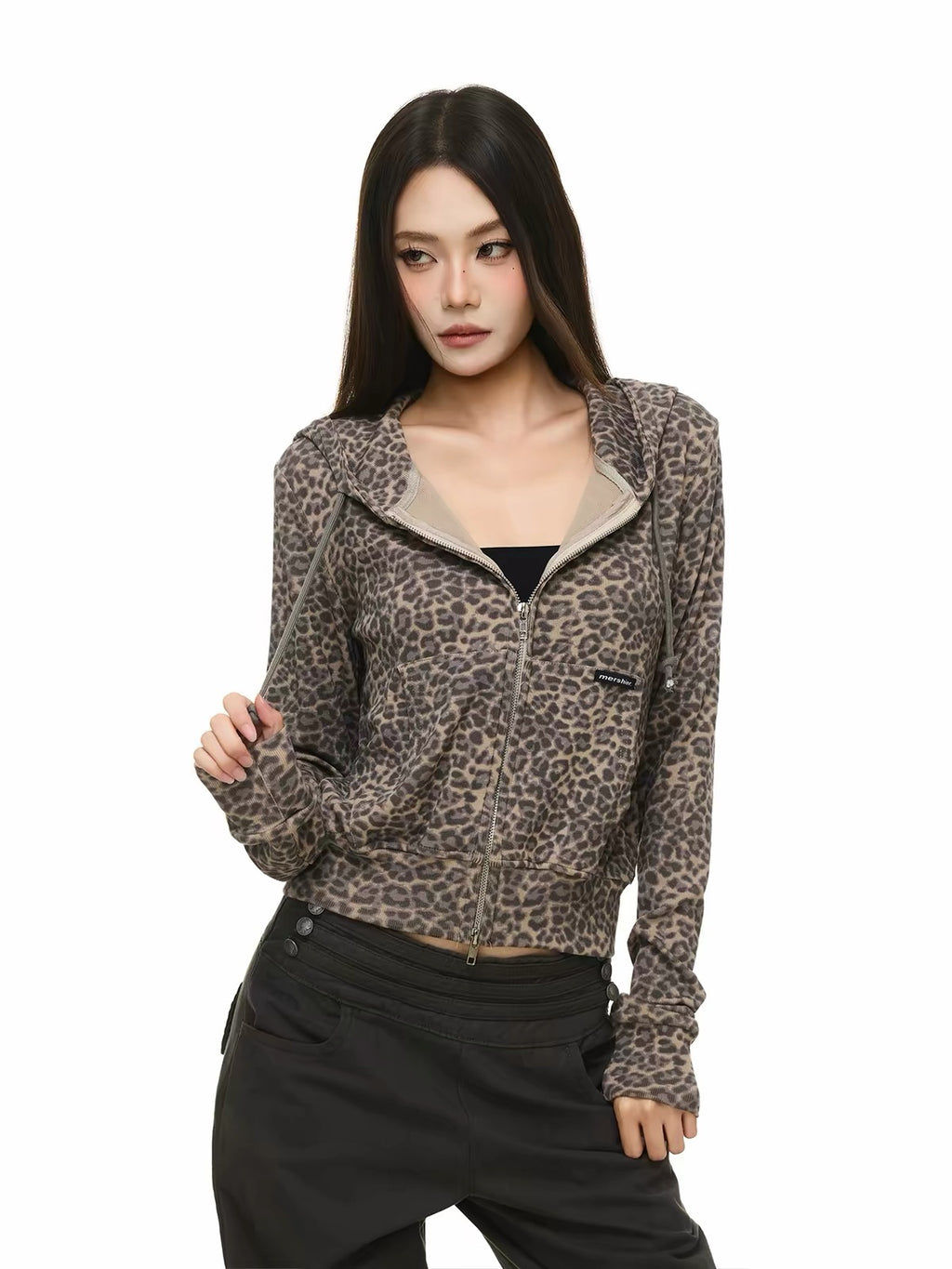 HABON Leopard Cropped Zip-Up Hoodie