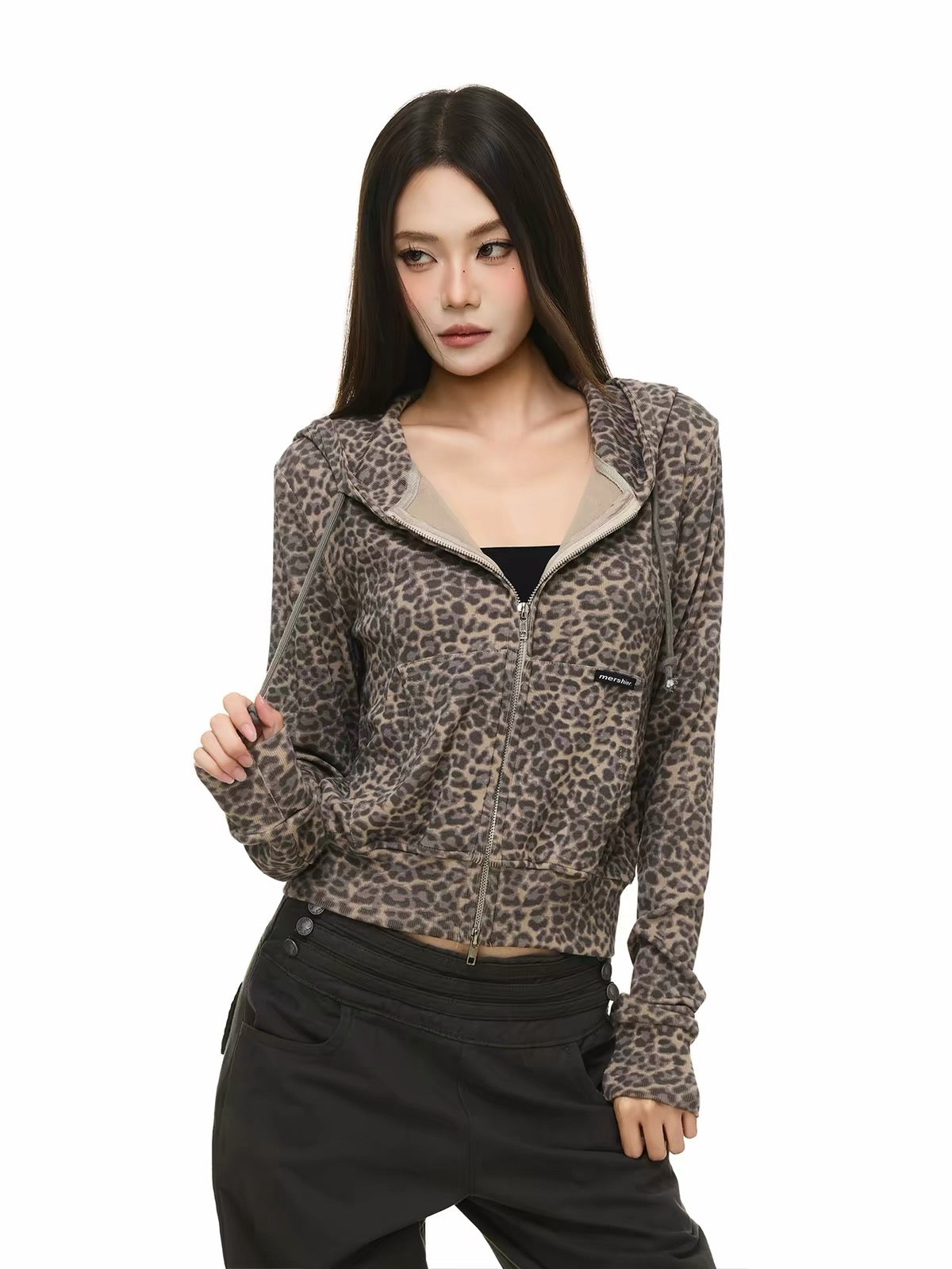 HABON Leopard Cropped Zip-Up Hoodie