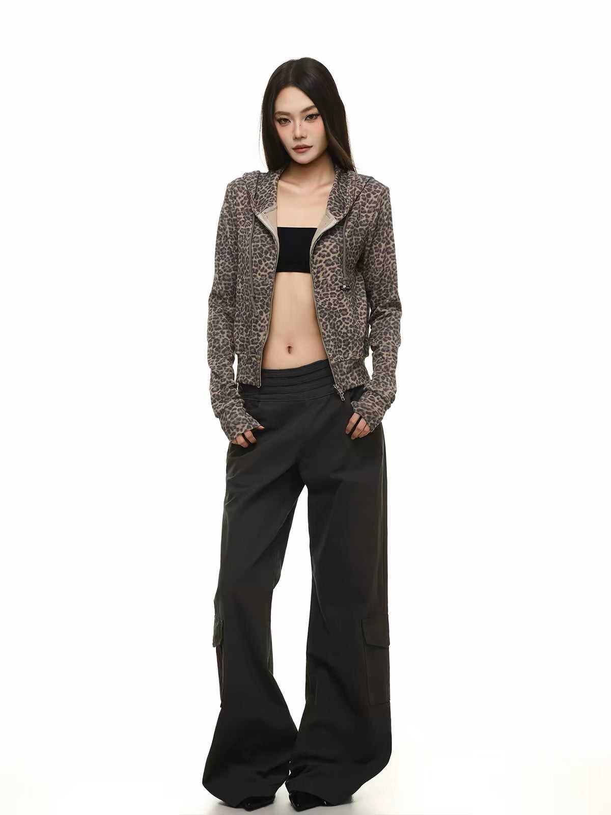 HABON Leopard Cropped Zip-Up Hoodie