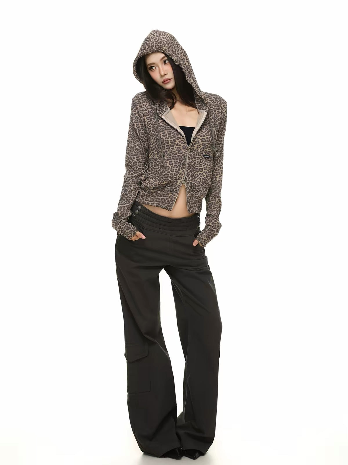 HABON Leopard Cropped Zip-Up Hoodie