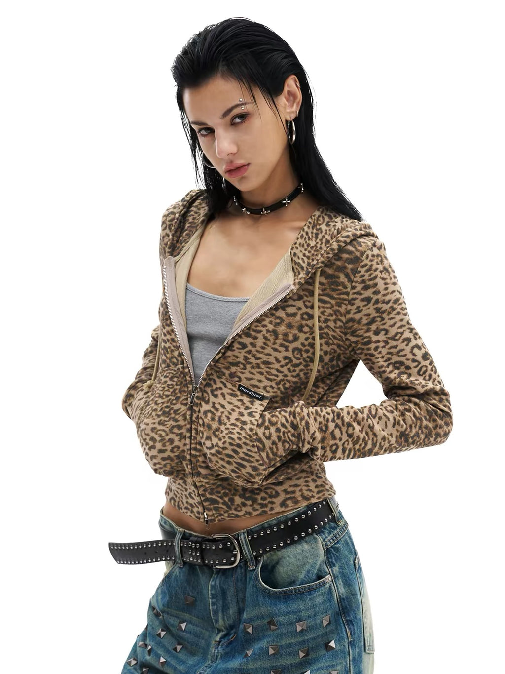 HABON Leopard Cropped Zip-Up Hoodie