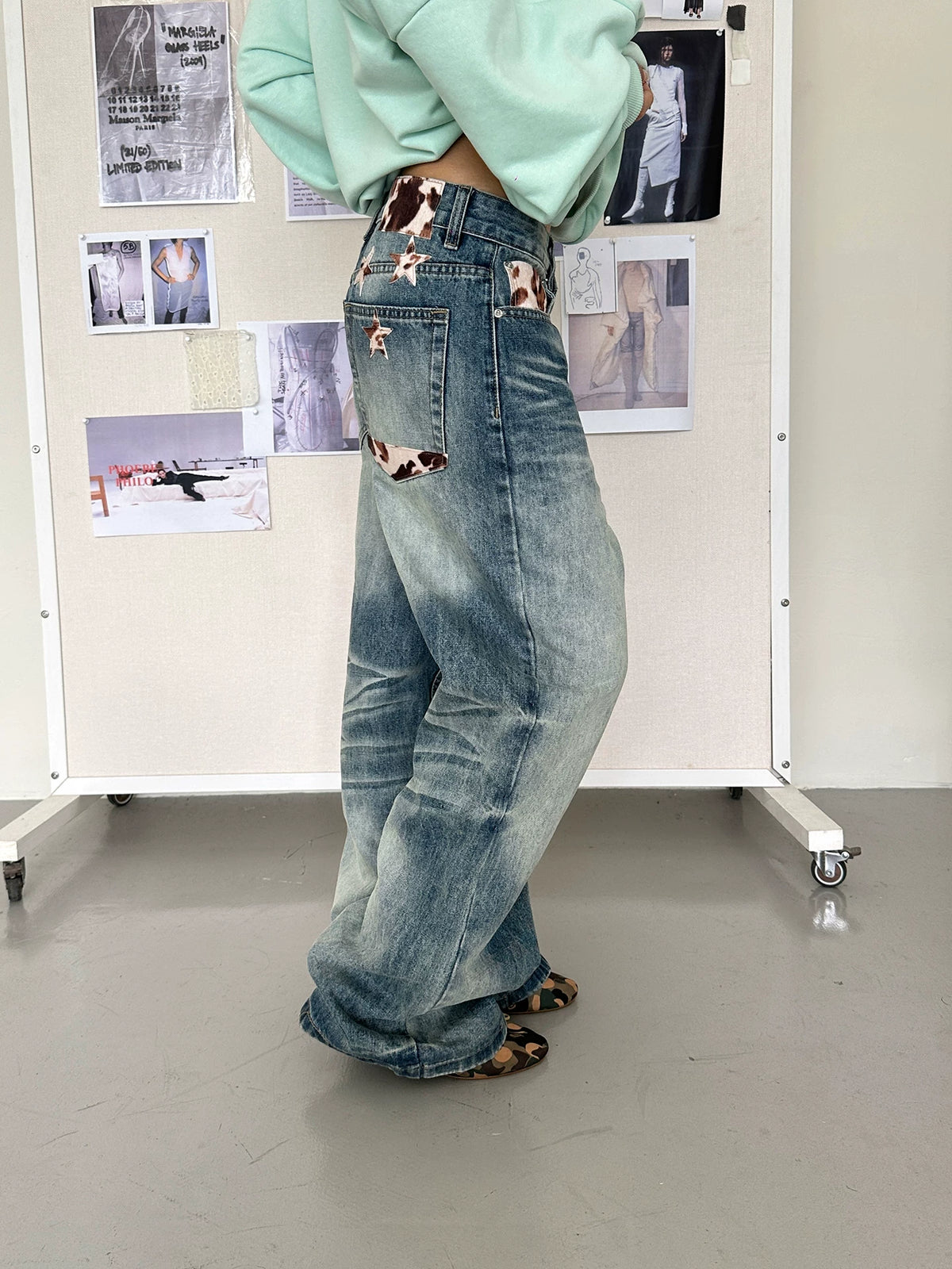 HABON Star Embroidery Gradient Wide-Leg Jeans for Men and Women