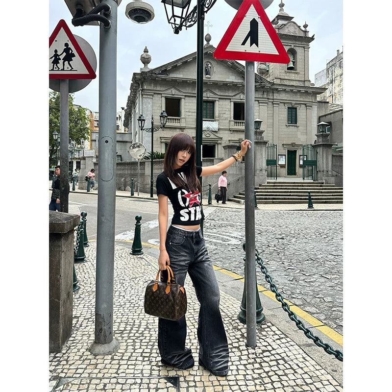 HABON American Style Star Letter Print Women's Short Sleeve T-Shirt