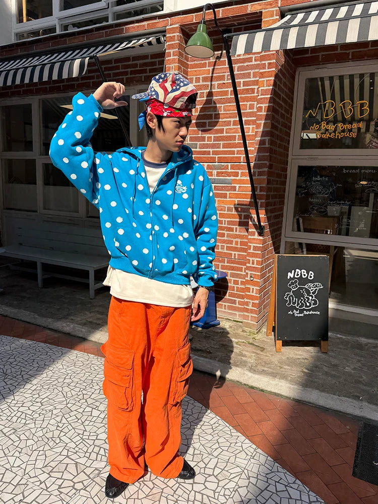 HABON American Style Polka Dot Full Print Zip Up Hooded Sweatshirt