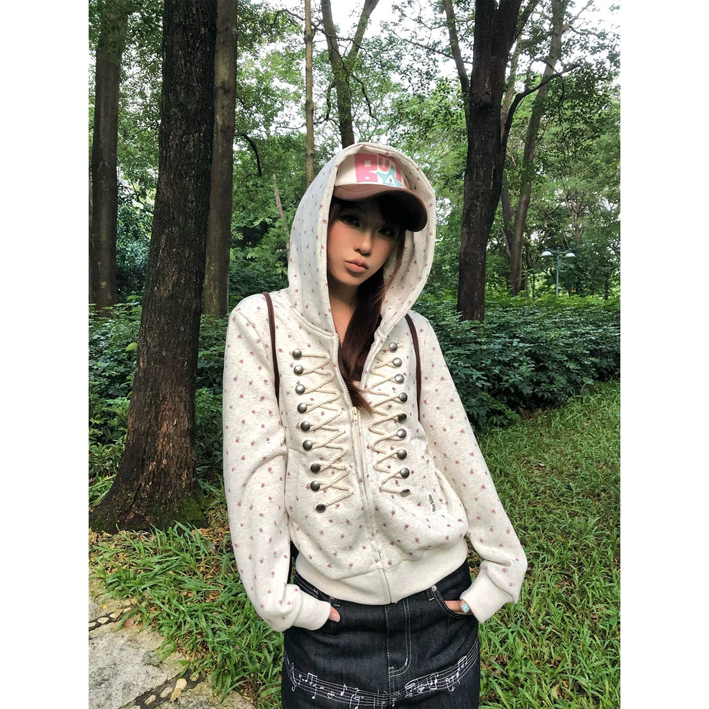 HABON American Style Floral Print Hooded Cardigan Jacket for Men and Women