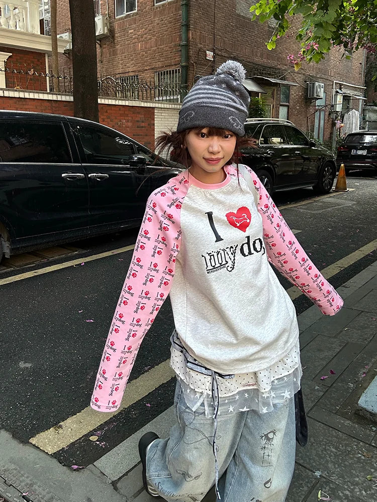 HABON American Retro Contrast Raglan Sleeve Long Sleeve T-Shirt