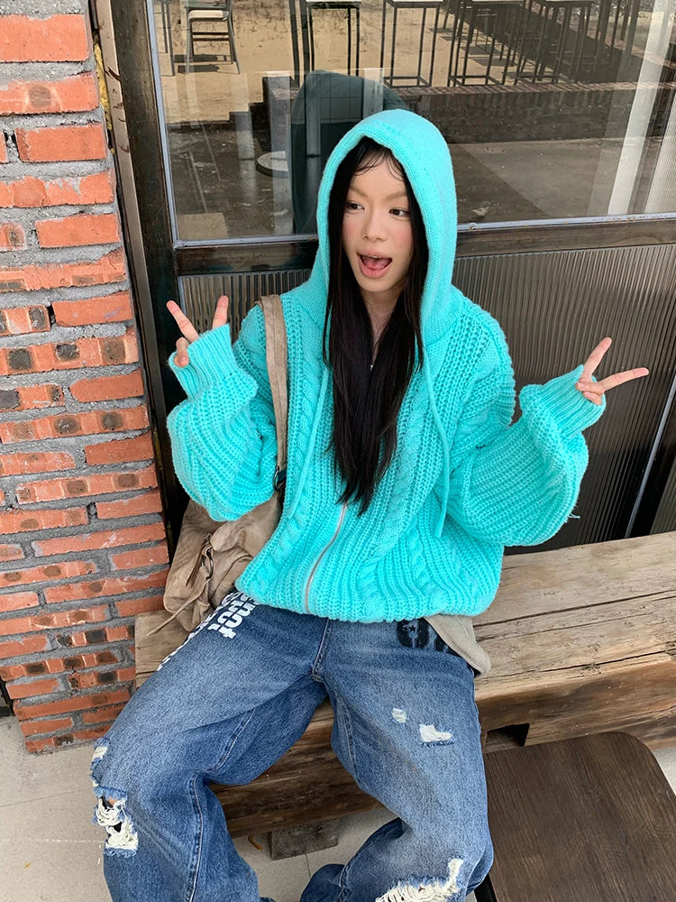 HABON American Style Cable Knit Hooded Sweater Cardigan for Men and Women