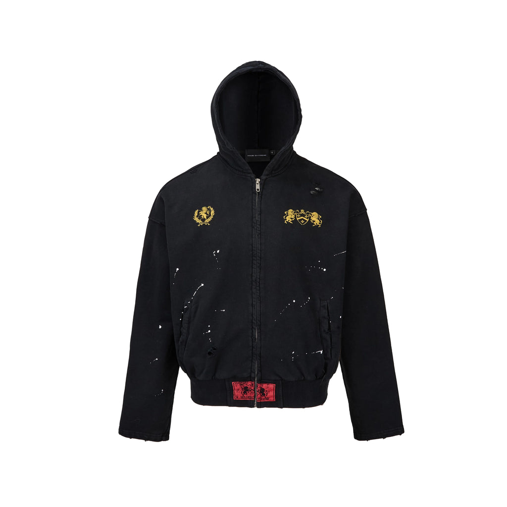 HABON Washed Distressed Paint Splatter Zip-Up Boxy Hoodie