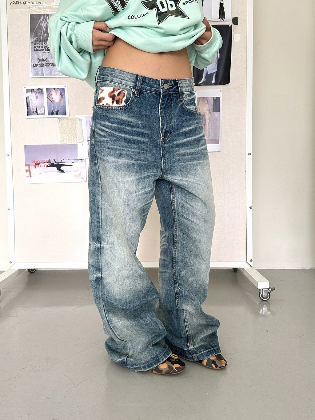 HABON Star Embroidery Gradient Wide-Leg Jeans for Men and Women