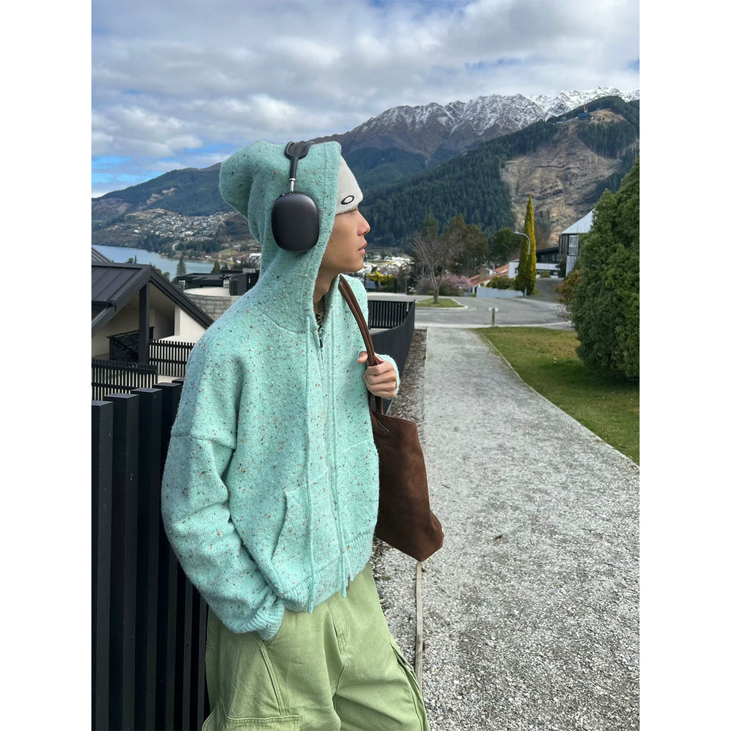 HABON American Style Drawstring Hooded Knitted Cardigan Sweater