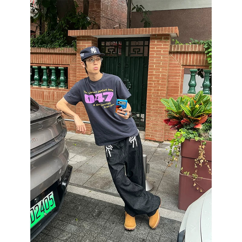 HABON American Style Skeleton Print Wide-Leg Jeans for Men and Women