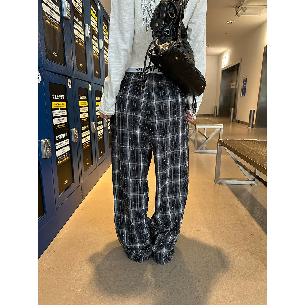 HABON American Style Rhinestone Plaid Casual Pants for Men and Women