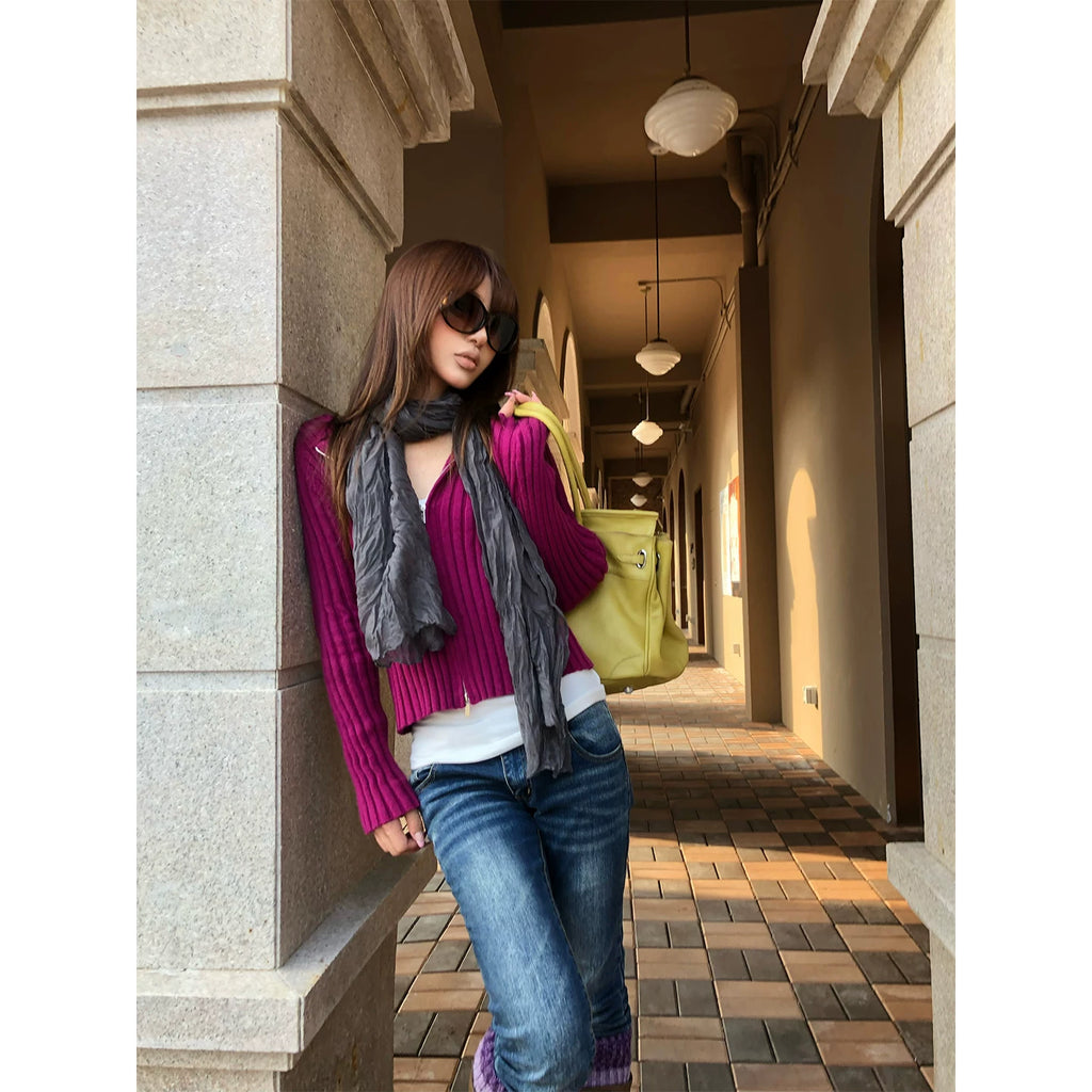HABON Women's American Style Striped Double Zipper Hooded Knit Sweater Jacket