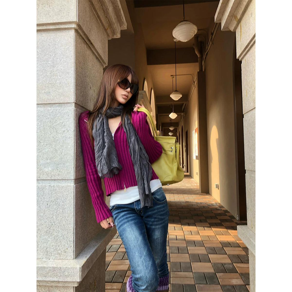 HABON Women's American Style Striped Double Zipper Hooded Knit Sweater Jacket