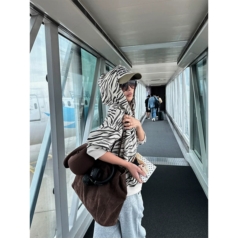 HABON American Style Zebra Print Zip Hoodie, Loose Fit for Men and Women, Grey