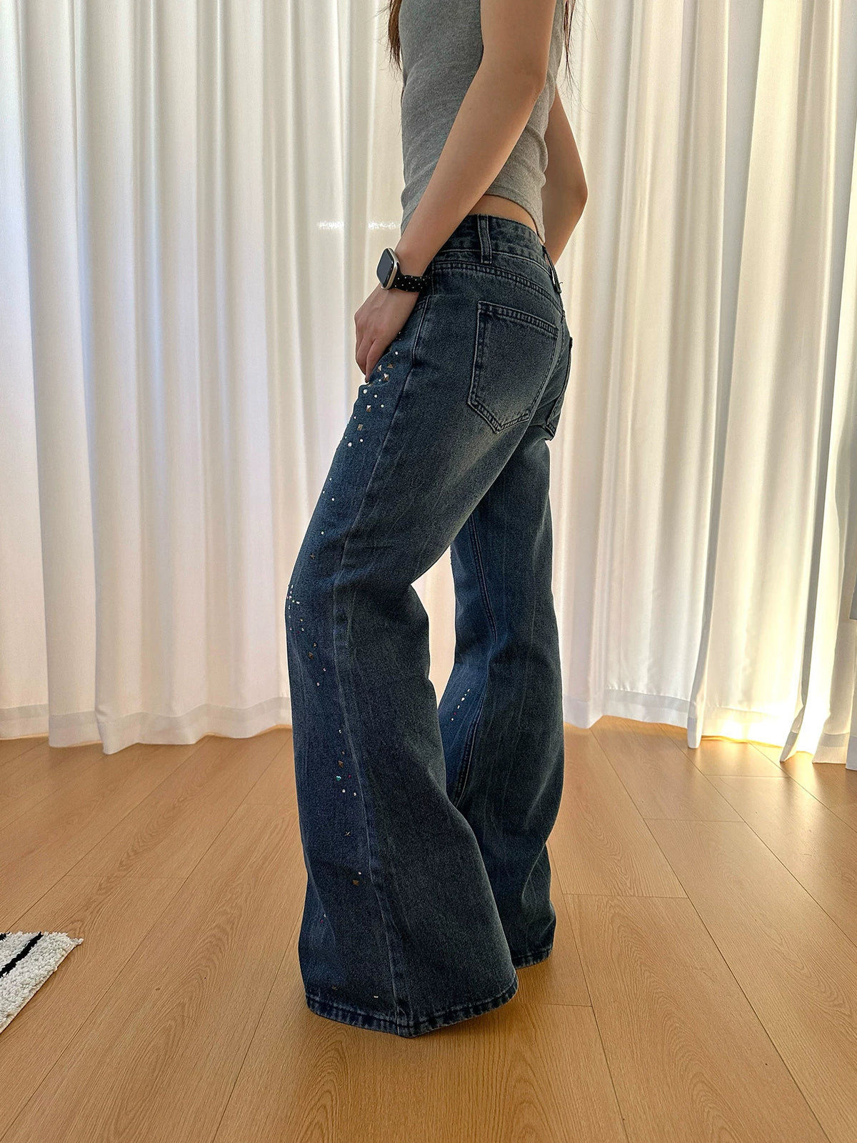 HABON Women's American Vintage Rivet Rhinestone Flared Denim Jeans