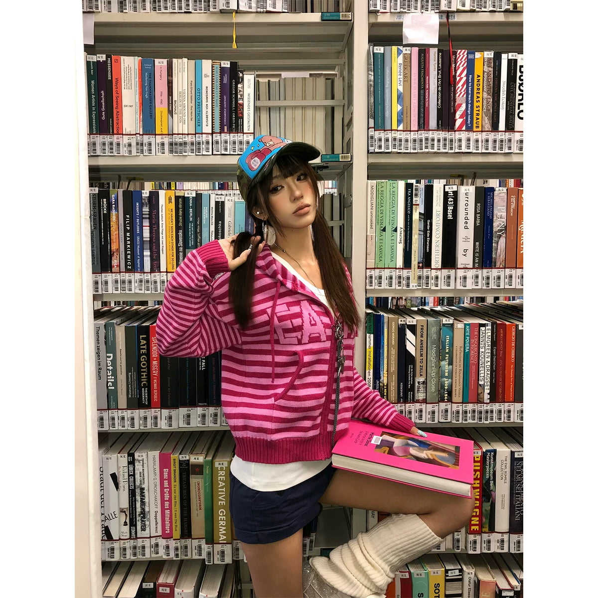 HABON Women's Striped Jacquard Hooded Knit Cardigan Sweater