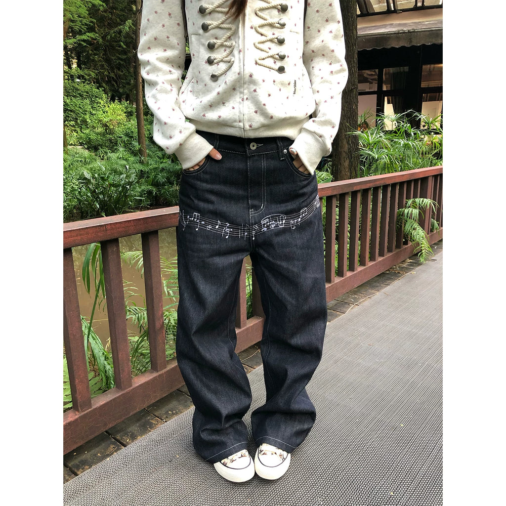HABON American Vintage Musical Note Print Loose Straight Jeans