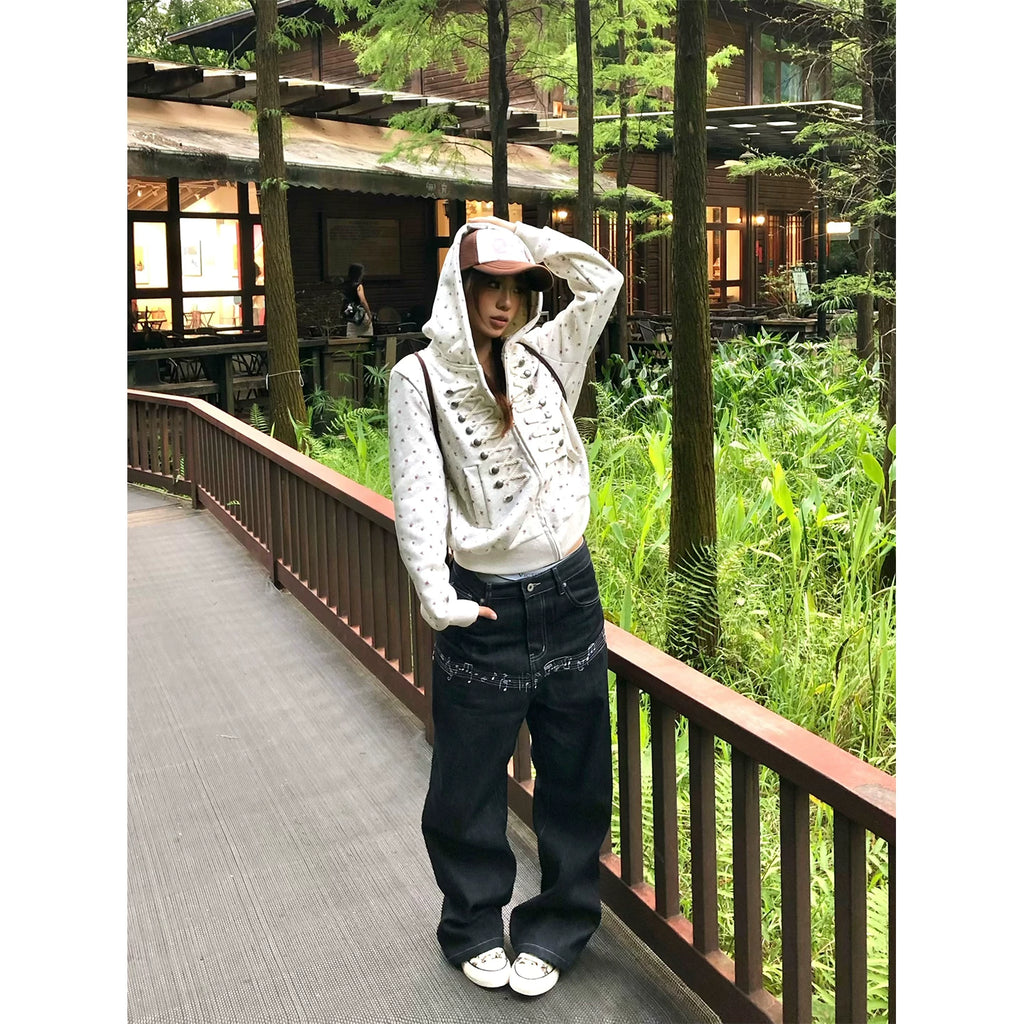 HABON American Vintage Musical Note Print Loose Straight Jeans