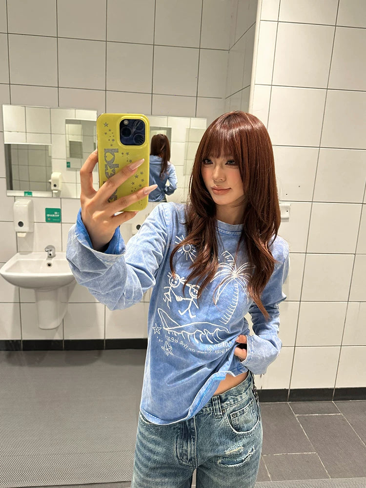 HABON American Style Washed Vintage Long Sleeve T-Shirt