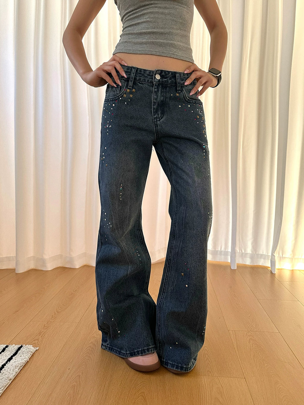 HABON Women's American Vintage Rivet Rhinestone Flared Denim Jeans