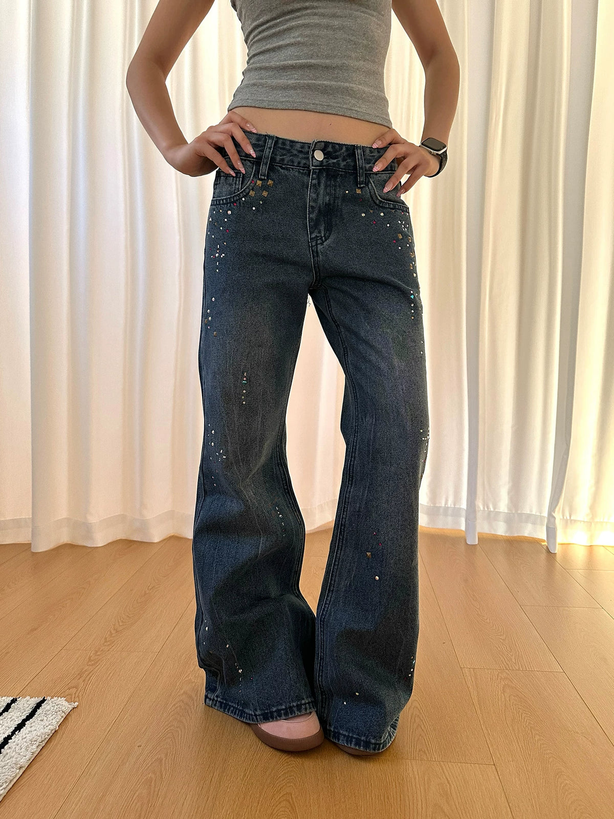 HABON Women's American Vintage Rivet Rhinestone Flared Denim Jeans
